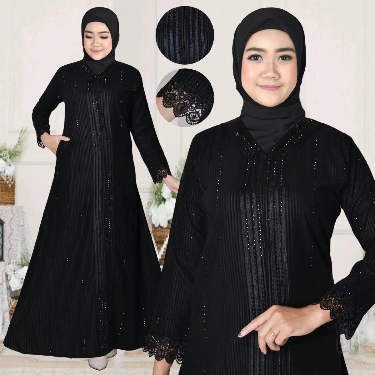 Gamis Abaya Hitam Stripe Salur Jet Black Zahra Premium Muslim Wanita