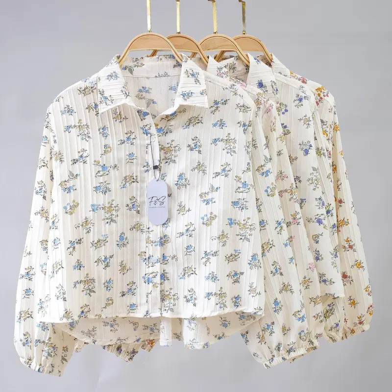 Atasan Fashion Korea Style Lengan Panjang Blus Wanita Musim Panas Casual Blouse Motif Bunga Bahan import 1