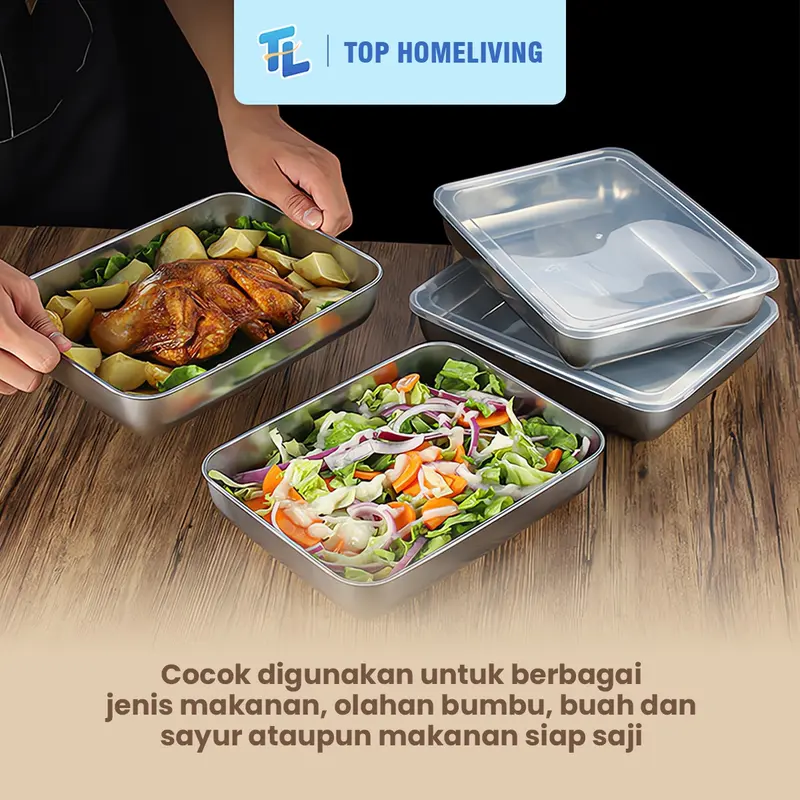 BOX Kontainer Makanan Stainless Serbaguna dengan Tutup Rapat - Tinggi 5cm x Panjang 25.5cm x Lebar 19.5cm - Penyimpanan 5
