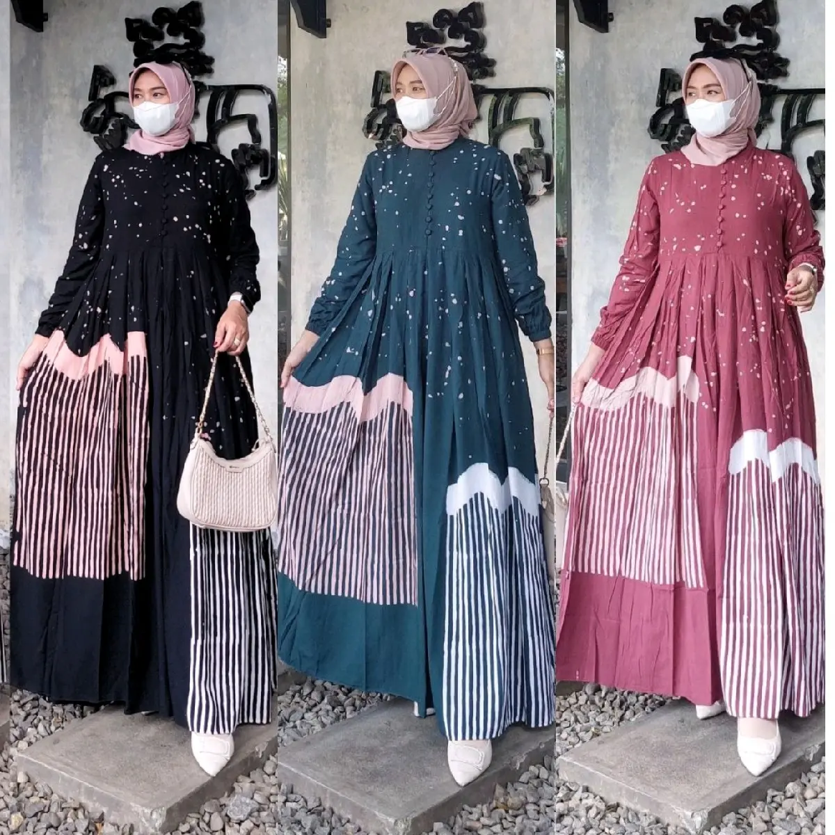 GAMIS RAYON PREMIUM TERBARU Bunga Dress Batik Pekalongan Muslim Wanita Panjang Navy Cokelat Hitam Motif