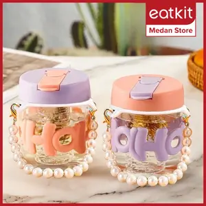 Eatkit Gelas Kaca Tumbler HOHO 350ml Anti Tumpah dengan Sedotan & Leather Case Trendy 2025 Cup Portable BPA Free Eco-Friendly Pink Ungu Kuning - Minuman