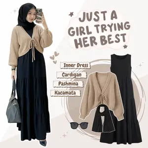 One Set Elegant Outfit (Cardigan Crop Tops + Inner Dress Korean Style + Pashmina Ceruti) | OOTD One Set Outfit RO030 Setelan Wanita Nyaman