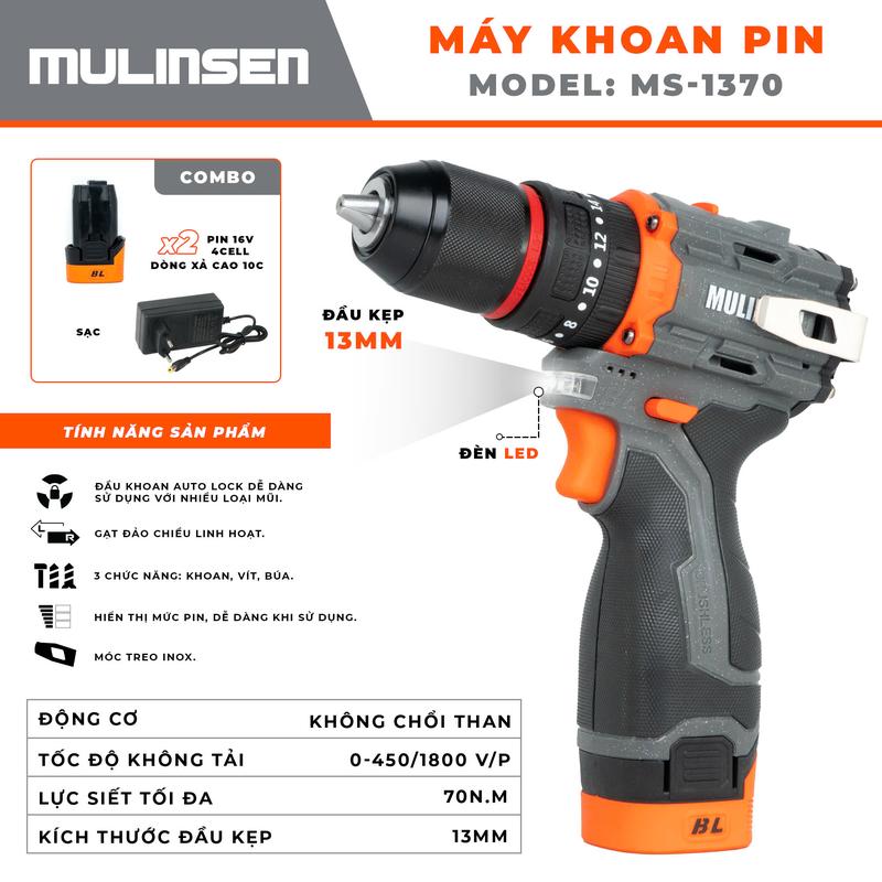 Máy khoan pin Mulinsen MS1370 hệ 16V, lực siết 70N có búa Đầu kim loại kẹp 13mm, pin xả cao CÓ KHÓA TRỤC Model MS1370 hàng chính hãng bộ 2 pin 1 sạc