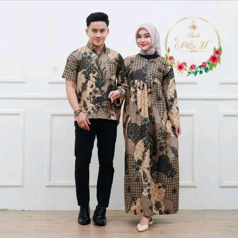 Harga sepasang Baju Pria Wanita Cuople Batik Kekinian 1 Paket Kemeja dan Gamis Sarimbit Polyester Super Premium Modern Pakaian Setelan Kondangan Pesta Muslim Pasangan 1