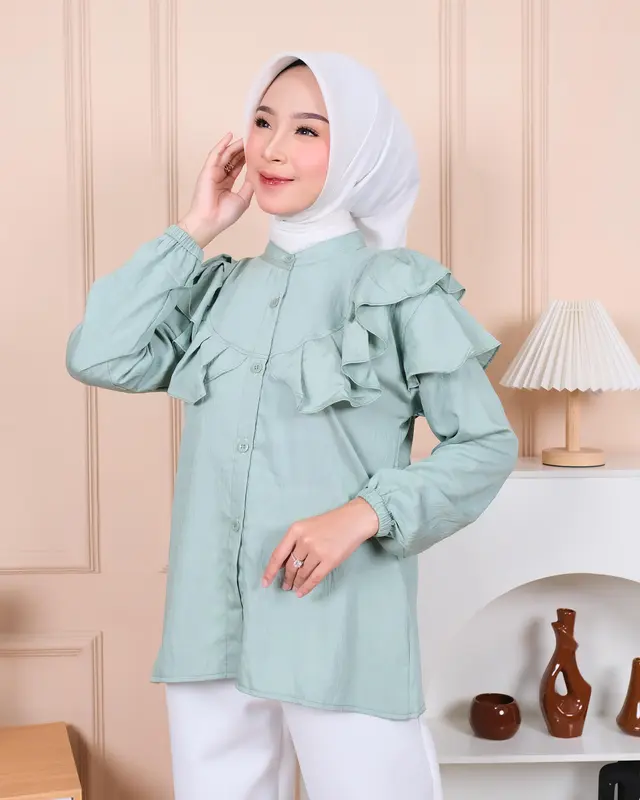Baju Atasan Wanita Raina Terbaru Bahan Pollo Linen Blus Simpel Elegan Tangan Panjang Wudhu Friendly Busui Friendly Katun Casual Formal Dewasa Desain Ruffle Kancing Muslim Kerja Hitam Simple Dress Putih Santai Basic Kantor 0