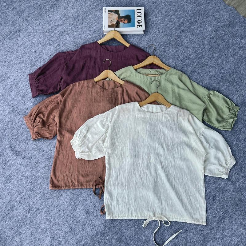 [Tsurayaa] Ashley Baju Atasan Top Blouse Basic Serut Wanita Jumbo Polo Linen Korean Style LD 120 Cm Oversize 0