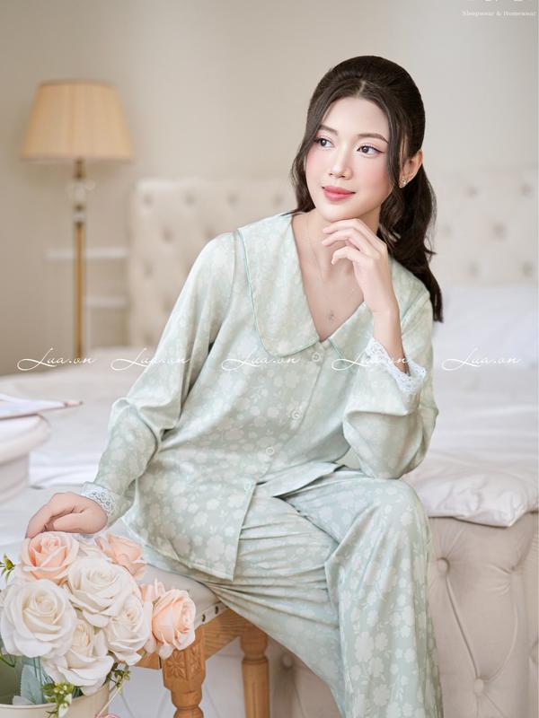  Bộ Pijama mặc nhà quần Dài áo Dài tay nữ Họa Tiết lụa tơ tằm cao cấp DTB Xanh 