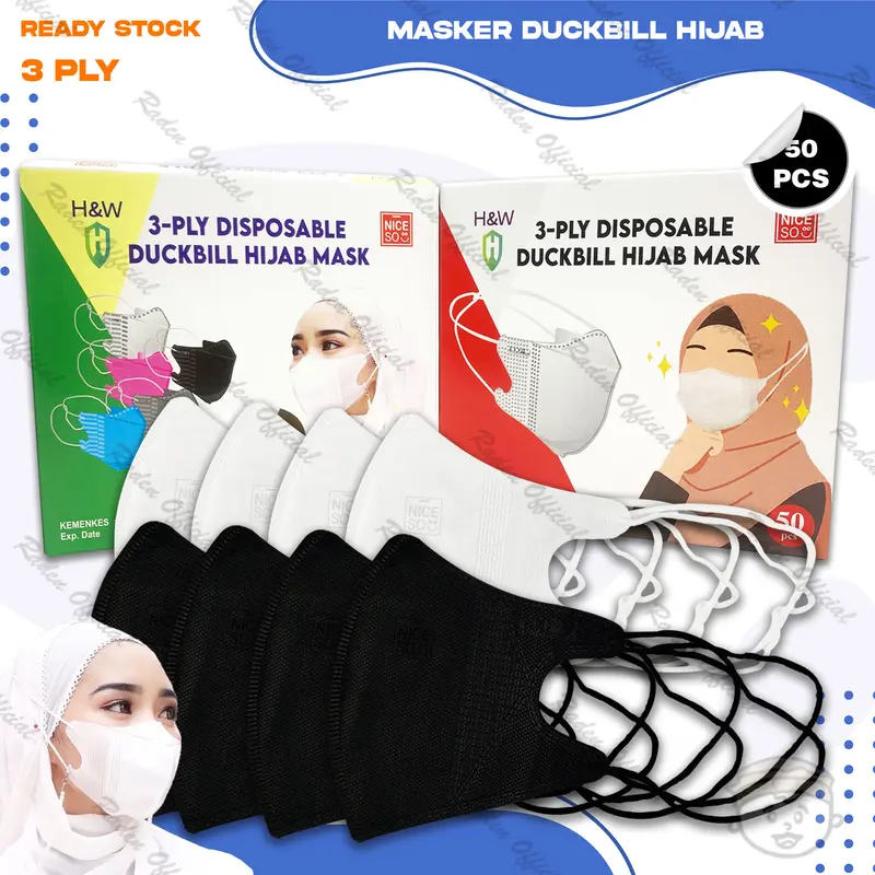 Masker Duckbil Hijab 3Ply isi 50Pcs Putih Hitam Abu White Black Grey Warna Duckbill Headloop Surgical Mask Kemenkes Dewasa Tali Elastis Warna Warni 0
