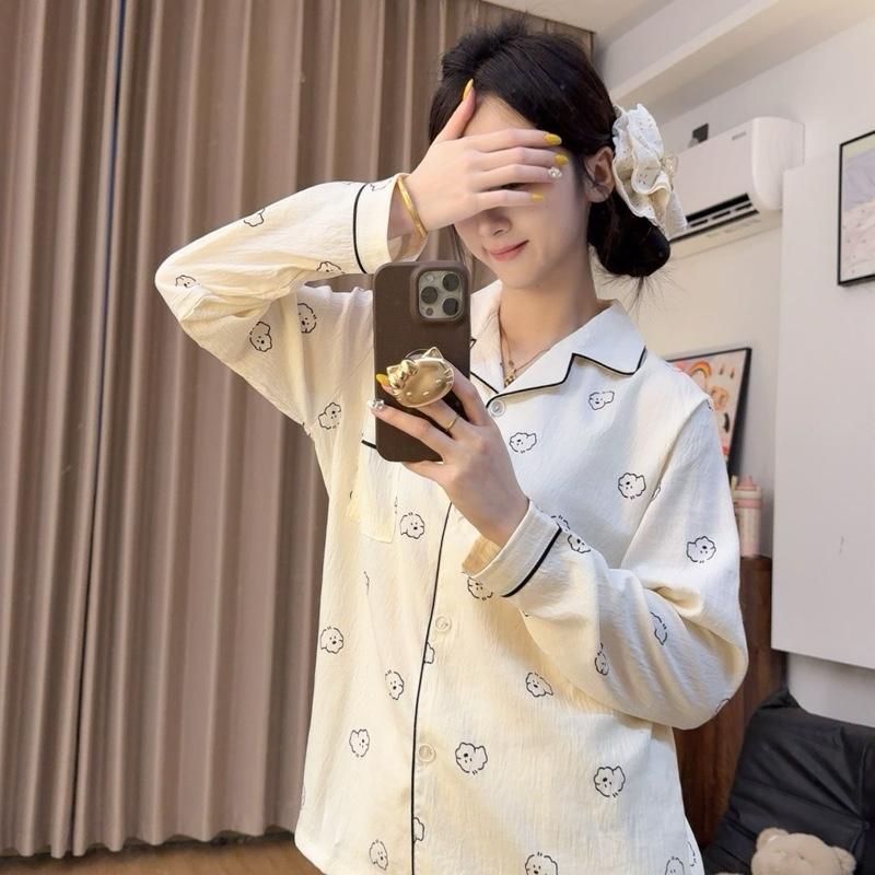   BỘ DÀI  Bộ ngủ dài tay nữ pyjama chất đũi mây mềm họa tiết dễ thương 