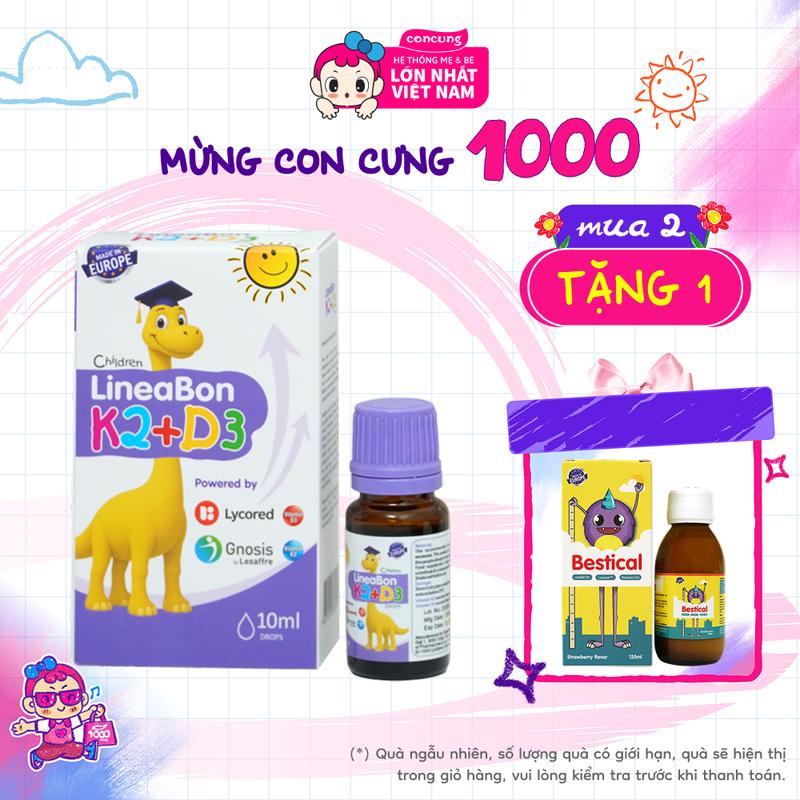 Vitamin giúp bé tăng chiều cao K2+D3 Lineabon - Mẫu mới: nắp tím Mẫu cũ: nắp trắng giao bao bì ngẫu nhiên