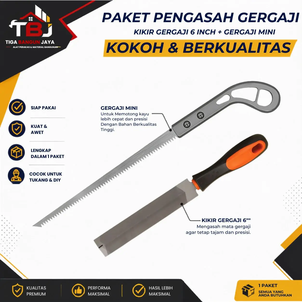 Paket Gergaji Kayu Kombo Hemat | Kikir Baja Kayu 6 & 4 Inch & Gergaji Tajam Gratis Alat Tukang DIY Kualitas Terbaik