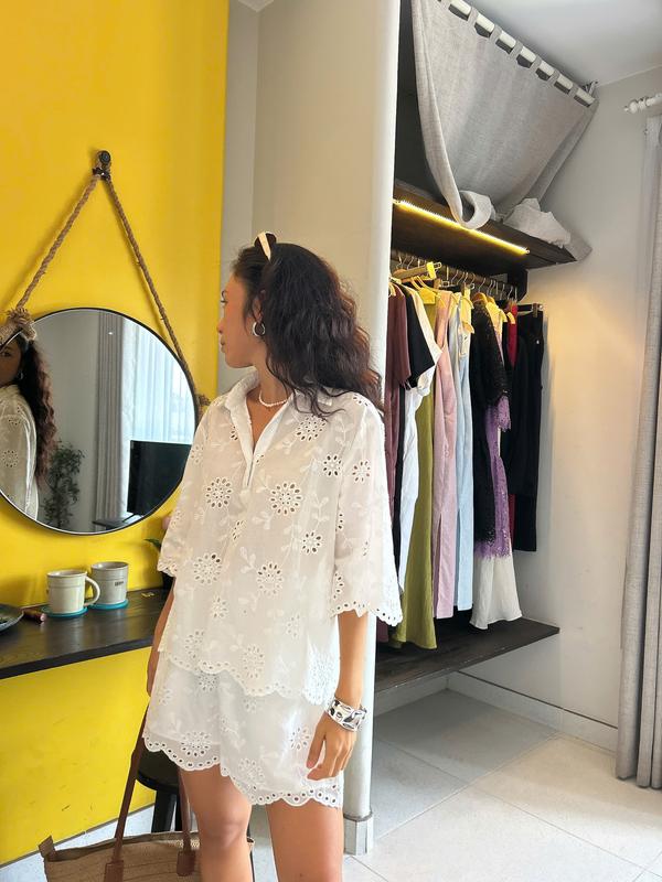 S181 SET ĐỒ NỮ GỒM ÁO SƠMI KÈM QUẦN SỌT CHẤT LIỆU XÔ THÊU ĐỤC LỖ CAO CẤP FREESIZE