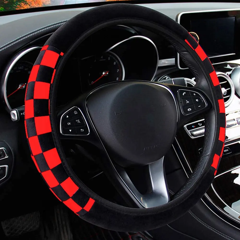 Sports Style Soft Plush Car Steering Wheel Covers Universal No Fixed Inner Winter Keep Warm Steering Wheel Cover Fit for Truck, SUV, Cars 14-15 inch (Black Red)
