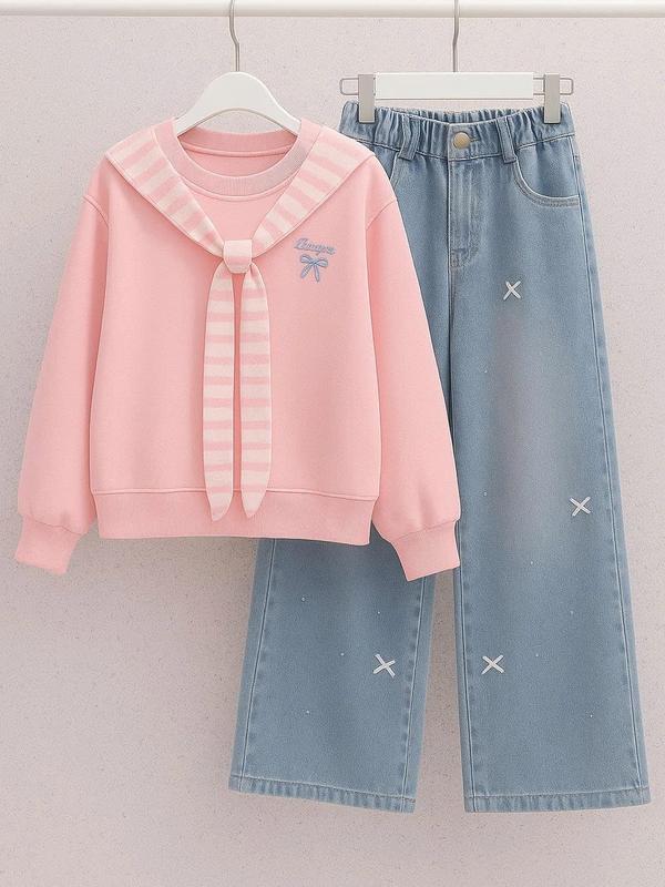 Bộ Set Áo Nỉ Sọc Kẻ Nơ Little Tim Hai Da Mix Quần Jean Xuông Dài Hoạ Tiết Cho Bé Gái - Hàng Mới Về - Hàng Việt Nam đồ thỏ