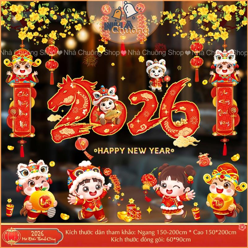 Decal Tết 2026 Trang Trí Năm Mới Bính Ngọ Decal Dán Kính Tết Tĩnh Điện In 2 Mặt Chữ Tiếng Việt