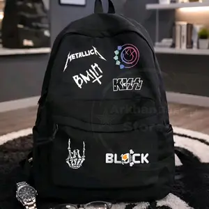 Arkhan Bag Store Tas Ransel Sekolah Hitam Anak Laki Laki dan Perempuan Kece Terbaru Motif Band Tas Sekolah Remaja SD SMP SMA Model Simple Kualitas Terbaik Harga Terjangkaw