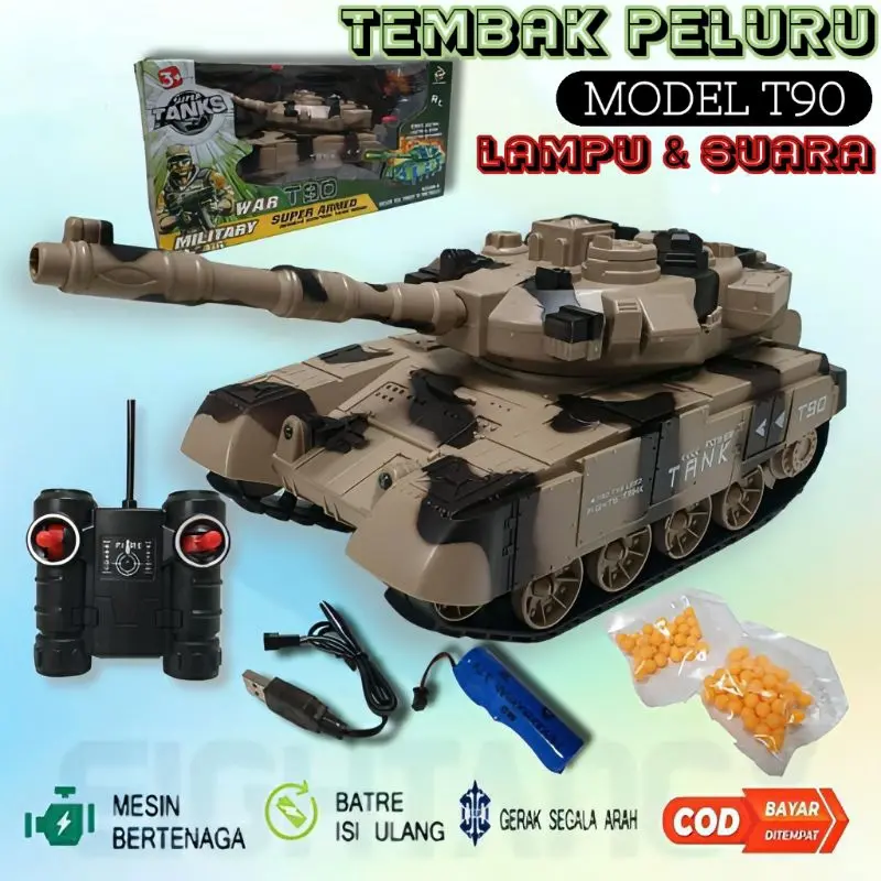 RC War Tank Militer Remote Control T90 Tentara Tembak Peluru Plastik Mainan - Mobil Mobilan Tank Baja Military Army Remot Kontrol ada Lampu dan Suara Baterai Cas Miniatur Diecast Miniatur Anak Cowok Laki Laki Edukasi 1