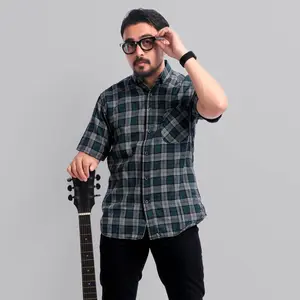 PAKAJI Kemeja Flanel Pria Lengan Pendek Hijau Garis Abu Kemeja Pria Flanel Pria Kemeja Pendek 013 B