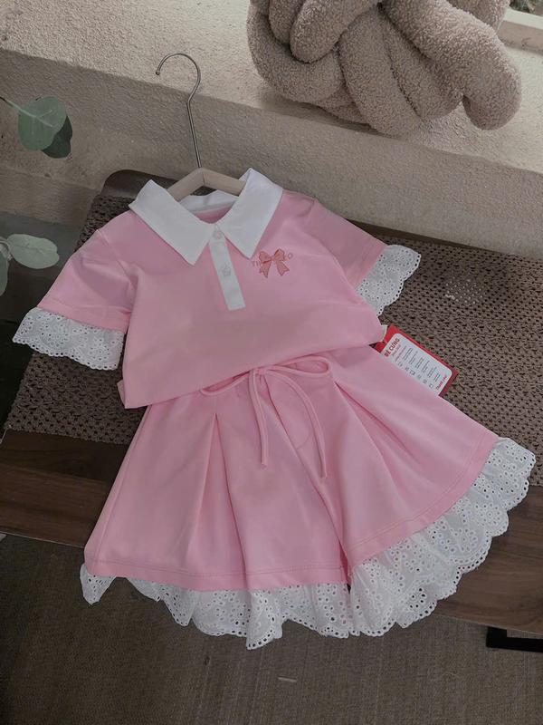 Set Áo Thun Hồng Cổ Sơ Mi Trắng Kèm Quần Đùi Viền Ren 77X Dành Cho Bé Gái