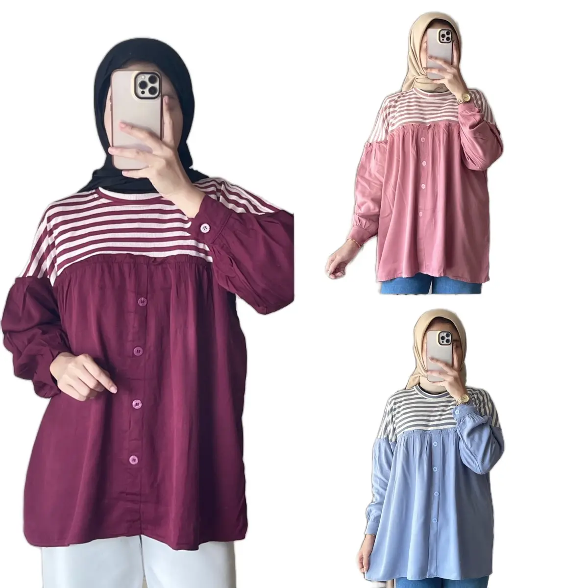 JN-Ayla Atasan Blouse Knit Mix Rayon Terbaru Viral Wanita Murah Terbaru Cewek Kekinian Dewasa Panjang Oversize Casual Baju Stripe Muslim cardigan korea Kaos Remaja Santai Basic  Katun Simple Hitam Crinkle Linen
