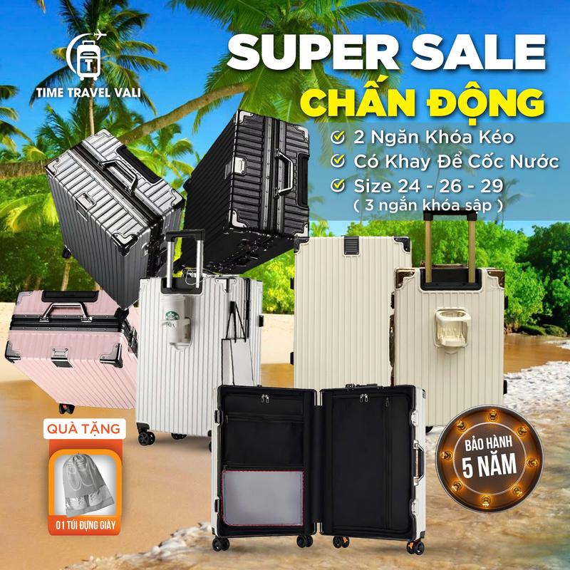 NB 3689 (KHUNG NHÔM MÀU BẠC TITAN) Vali du lịch khung nhôm khóa sập có khay đựng cốc, thiết kế 2 ngăn khoá kéo tiện lợi (Bản nâng cấp không chìa khoá) - Bảo Hành 5 Năm Nam times  travel hộp đựng cứng nhẹ vali