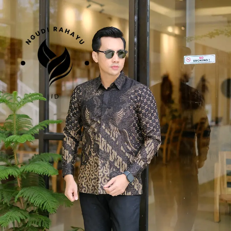 Batik Pria Premium batik pria modern 2025 Nyaman Baju Fit Katun Panjang Hitam Motif Dewasa Kerja Cowok Hem Slim Keren 4