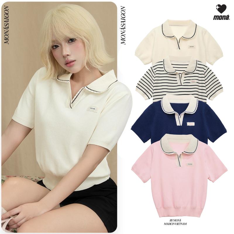 Áo polo nữ MONÁ dệt kim len tăm họa tiết kẻ sọc cổ bẻ phối viền - YURA TOP