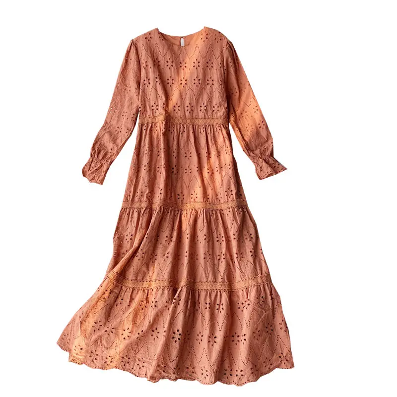 Korean embroidery hollow puff sleeve large swing dress loose long sleeve round neck long dresses with inner