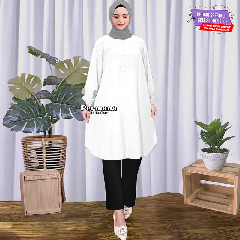 Baju Tunik Atasan Wanita Jumbo Size Lengan Panjang Dewasa Kantong Muslim Rayon Katun Nyaman Remaja Oversize kemeja Kancing 3