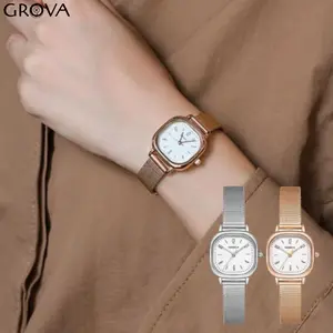 GROVA Jam Tangan Wanita Casual Analog Rantai Segi Stainless Steel Pasir Korea Vintage Anak Remaja Dewasa RM255