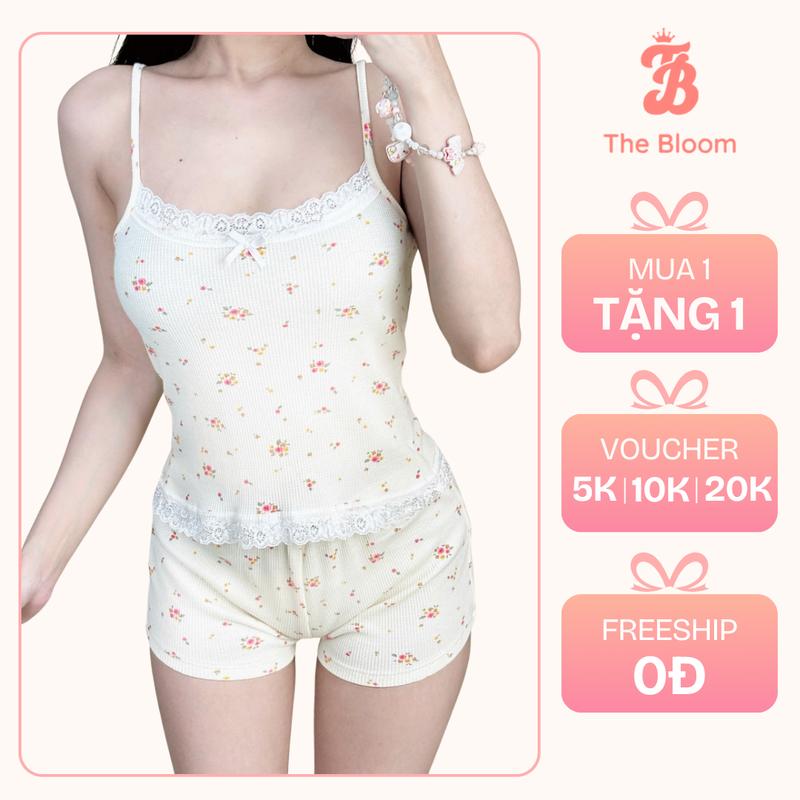  THE BLOOM  TẶNG KẸP TÓC  Set Bộ Đồ Ngủ Nữ In Hoa Nhí Áo 2 Dây Viền Ren Đính Nơ Kèm Quần Mini Ngắn Ôm Body Chất Cotton Thông Hơi Xịn Đồ Ngủ Nữ Mùa Hè Hoa Nhí Cotton Thoáng Mát - SE027 victoria secret  pajamas 