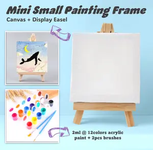 BYL DIY Paint Painting Kidsren's Art Small Picture Frame, DIY Set Lukis Canvas 8*8cm + Display Easel or 12warna Kuas Cat Akrilik 2ml  + 2 brushes