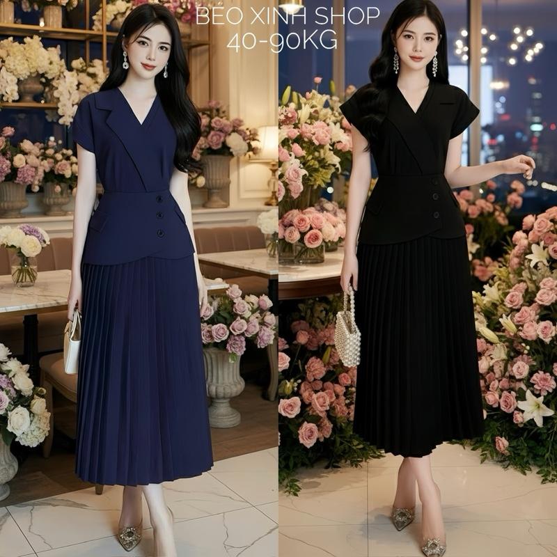 Váy Giả Set Thiết Kế Cổ V Phối Xếp Ly Tiểu Thư (Vải Tuyết Mưa) Dày Dặn Cao Cấp Thanh Lịch Cho Các Nàng Bigsize 40–95kg Béo Xinh Shop - A.1597
