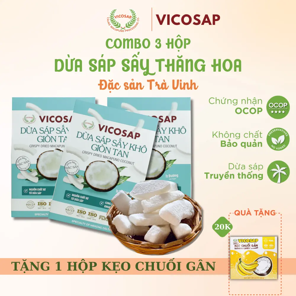 Combo 3 Dừa sáp sấy giòn cao cấp VICOSAP ít đường đồ ăn vặt healthy đặc sản Trà Vinh