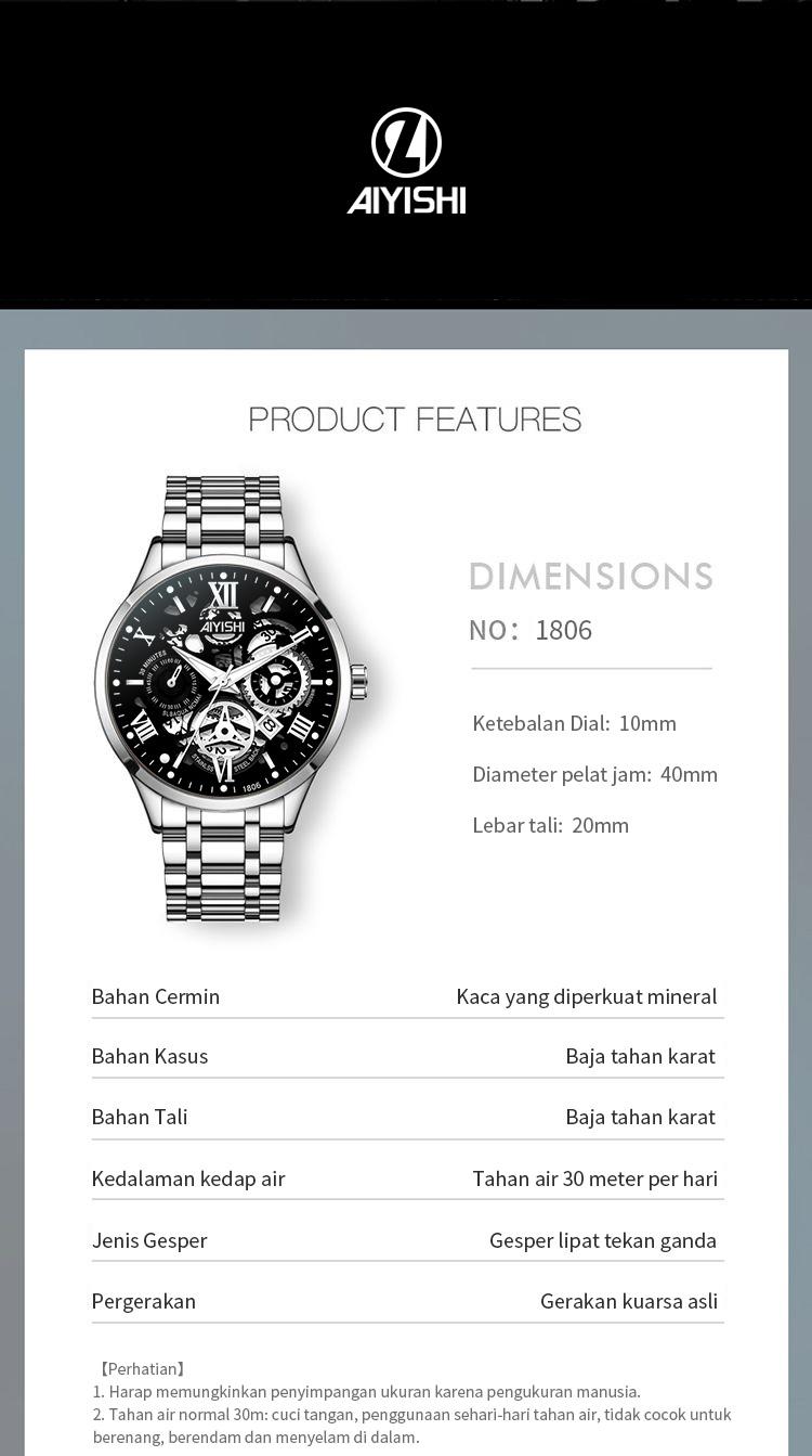 AIYISHI jam tangan pria jam tangan pria tahan air ori Tahan Air 30 Meter Mesin Kuarsa Otomatis Bahan Stainless Steel jam analog Garansi 2 Tahun jam tangan pria casual Kaca Jam Warna Hitam watch AIYISHI jam tangan pria jam tangan pria tahan air ori Tahan Air 30 Meter Mesin Kuarsa Otomatis Bahan Stainless Steel jam analog Garansi 2 Tahun jam tangan pria casual Kaca Jam Warna Hitam watch