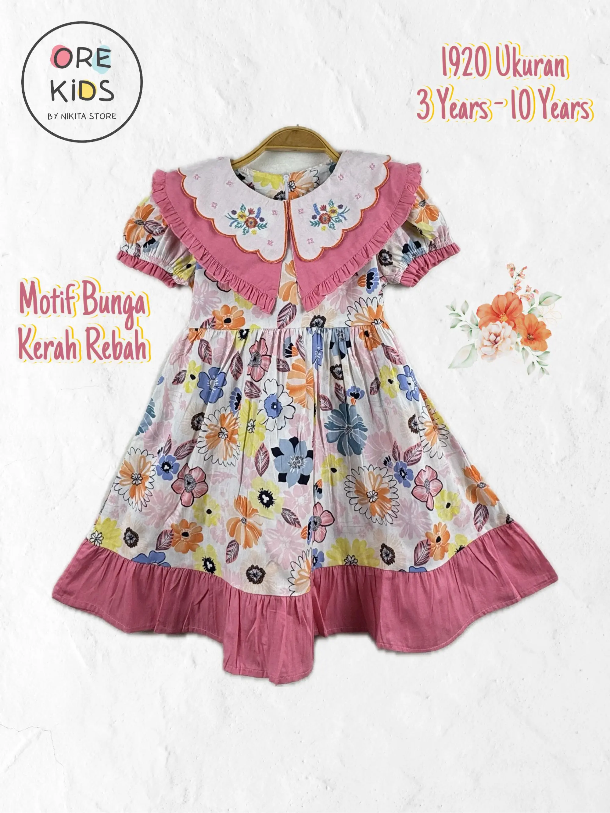 1920 Dress Anak 3 - 10 Tahun Dress Motif Bunga Kerah Rebah