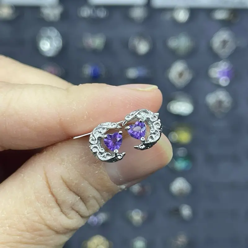 Anting Amethyst love bulan stud s925 natural stone
