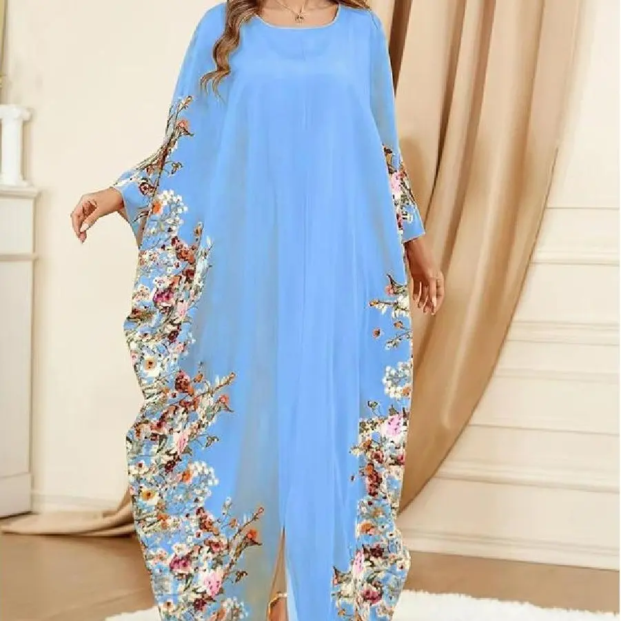 Women's Floral Print Batwing Sleeve Kaftan Dress, Modest Fashion Long Sleeve Dress for Daily Outdoor Wear, Women's Islamic Clothing for All Seasons