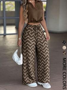 Conjunto casual de oficina para mujer de 2 piezas: top corto sin mangas con cuello y pantalones de pierna ancha de cintura alta con cordón y jacquard de ondas geométricas.