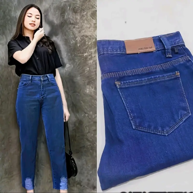 Celana Boyfriend Sobek Bawah High Light Jeans Nyaman Panjang Wanita Dewasa Cewek Remaja Hitam 2