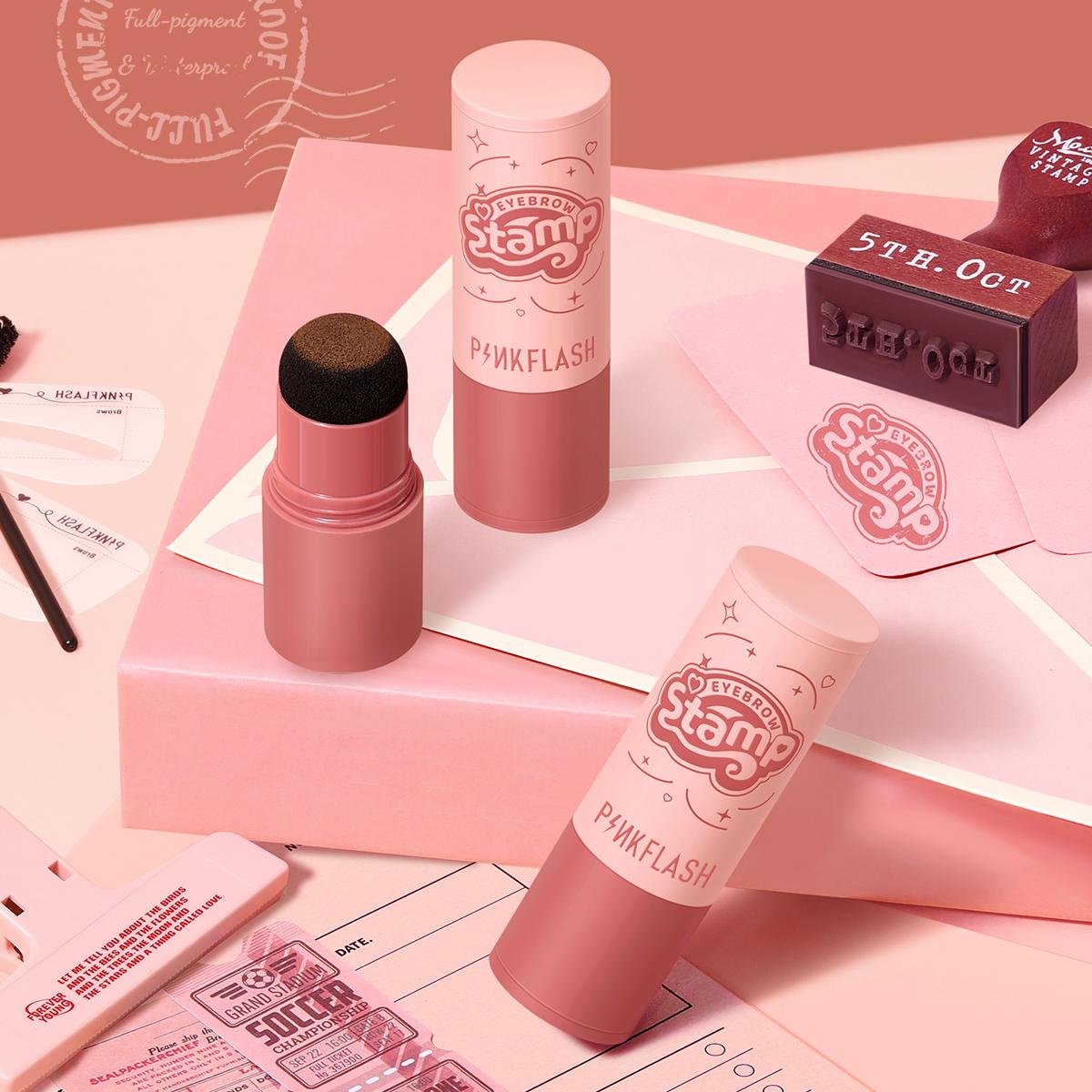 [Pinky] PINKFLASH Waterproof Eyebrow Powder Cushion Stamp with 10 Reusable Stencil Set 1-Step Shaping 4 Shades E19