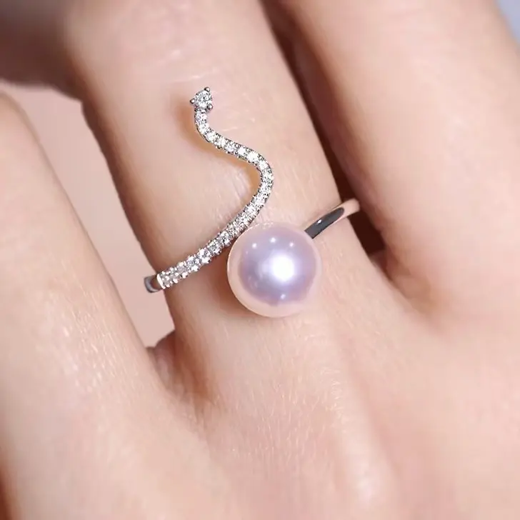Serpent Blessing Akoya Seawater Pearl Ring (6-7mm) — 925 Silver Open Adjustable Ring