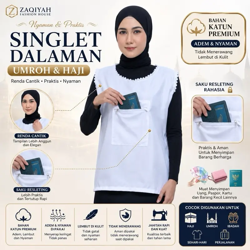 Singlet Dalaman Umroh Haji Wanita Katun Premium Adem Saku Depan Renda Cantik Inner Muslimah Nyaman Dipakai Seharian Rompi  Atasan Putih