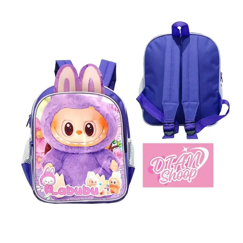 Tas Ransel LABUBU Tas Anak perempuan Sekolah PAUD TK SD Tas Ransel 2 in 1 Karakter LABUBU FREE Tas Slempang Bulat - Merah Muda 5