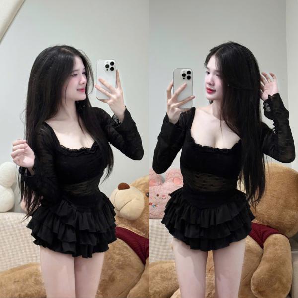 Set bộ nữ áo kiểu tay dài ren lưới phối chân váy tầng xòe PLS366