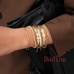 [Dadina] Gelang set 7 logam berlian geometri tidak teratur gaya lapisan untuk wanita D100