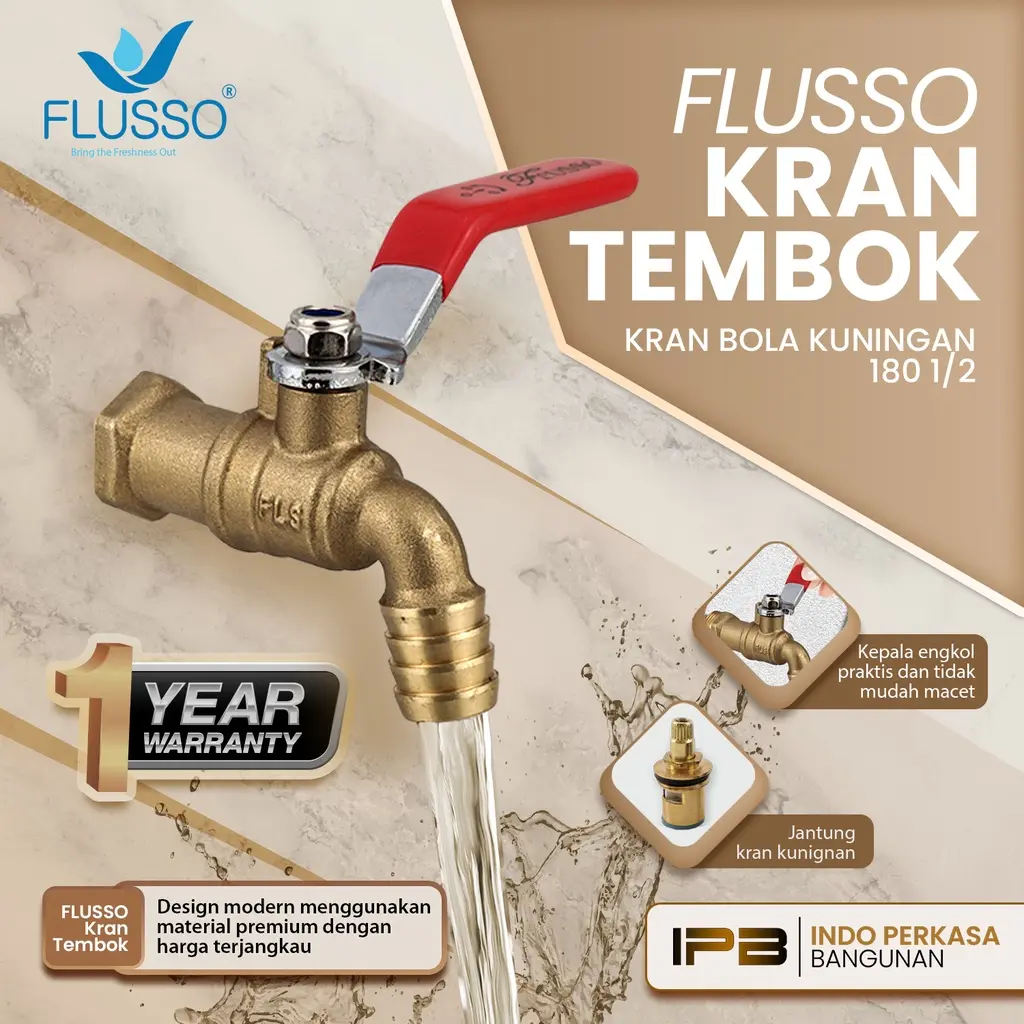 FLUSSO Kran Tembok Kuningan Asli | Kran Kamar Mandi | FLUSSO KRAN BOLA KUNINGAN 180 1/2 & 3/4 | 288