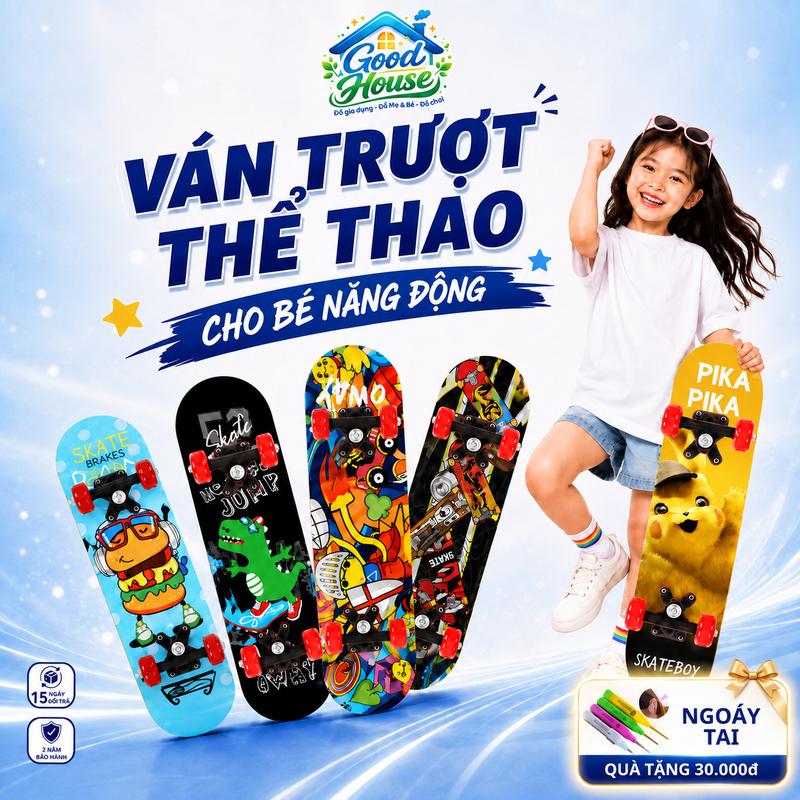 Ván trượt thể thao ván trượt cho bé cỡ lớn 60 cm ,gỗ phong ép 8 lớp, bánh xe…
