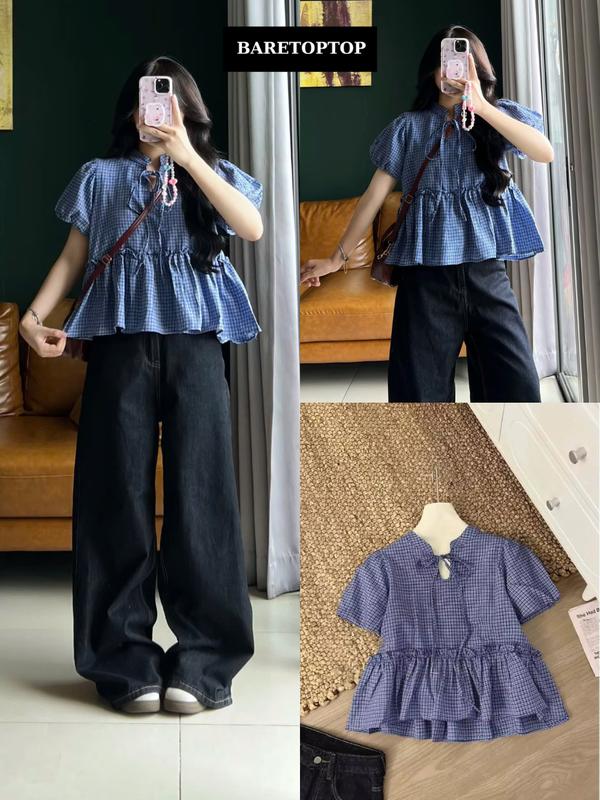 BARE_Áo Babydoll Kẻ Cổ Tàu Buộc Dây Cộc Tay, Áo Babydoll Nữ Ngắn Tay Buộc Nơ Dáng Rộng Chất Thô_A557,A621