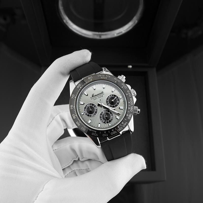 ĐỘC QUYỀN HÙNG LUXURY .VN - N358 - Đồng hồ nam Mmassati Chronograph dây cao su đen – mặt bạc thể thao mạnh mẽ máy pin bền bỉ
